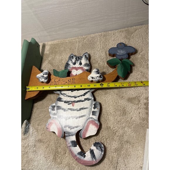 Wooden Cat Welcome Sign Tree Limb Bird Tole Paint Vintage 18" So Cute - Picture 7 of 9